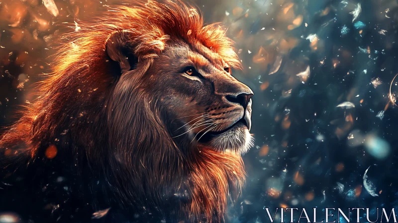 Ember-maned lion dreaming beneath a storm of drifting embers.