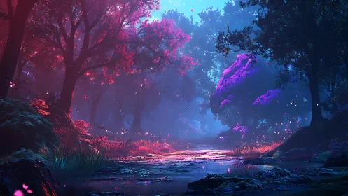 Bioluminescent Forest Stream: Neon Atmosphere Rendered at Twilight.