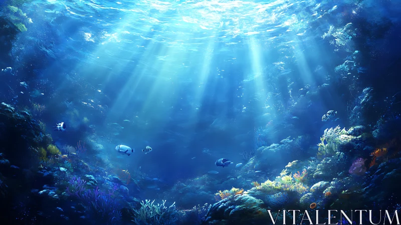 Sunlit coral reef glows beneath tranquil, crystal blue waves