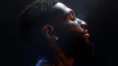 Quiet glow of a tattooed man resting in soft shadowed light.