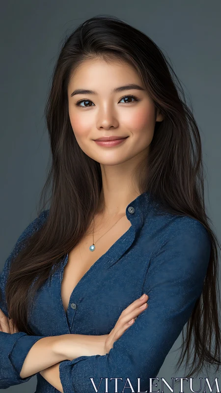 Confident woman poses in blue shirt against neutral backdrop.