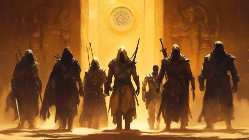 Hooded armed figures advance toward illuminated stone portal