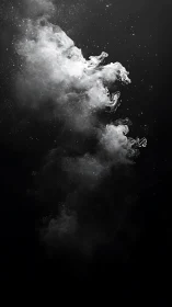 White smoke plume drifts through deep black negative space.