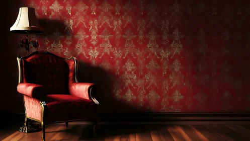 Inviting red armchair waits quietly in a warm vintage corner