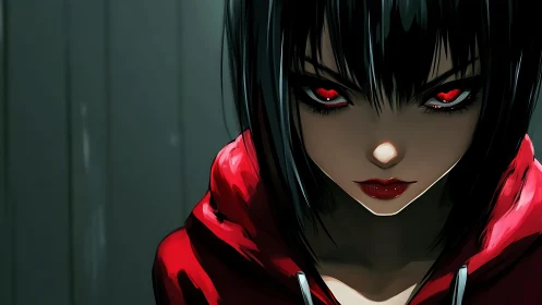 Red-eyed anime figure in red hoodie, frontal close-up.