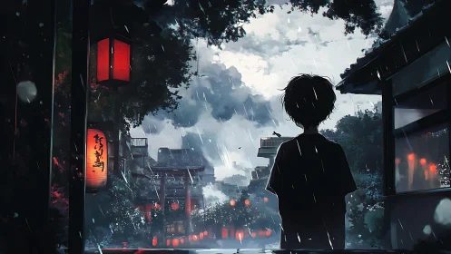 Silhouetted figure observing rainy traditional street scene.