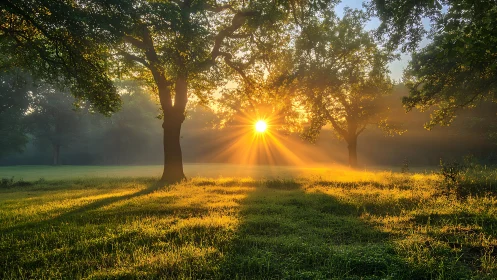 Golden sunrise pierces misty woodland clearing with warmth