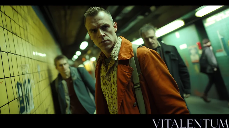 Tense man in orange coat walks through dim subway corridor