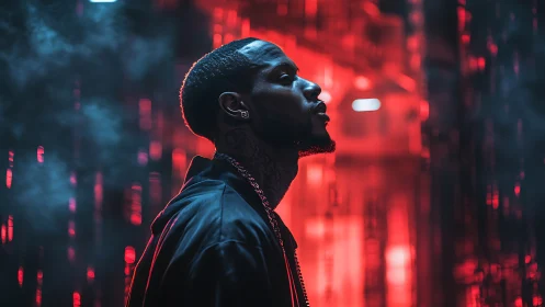 Neon city glow surrounds a thoughtful man in side profile