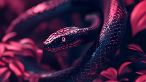 Coiled black snake under magenta light in foliage.