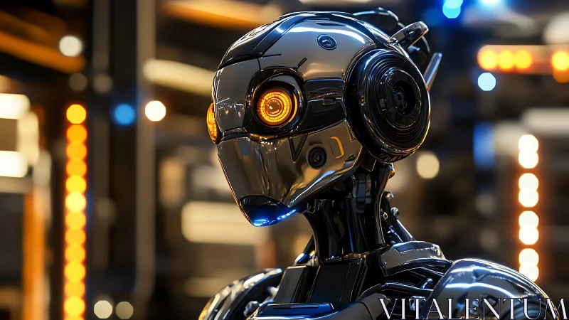 Chrome humanoid robot gazes forward in neon lit workshop