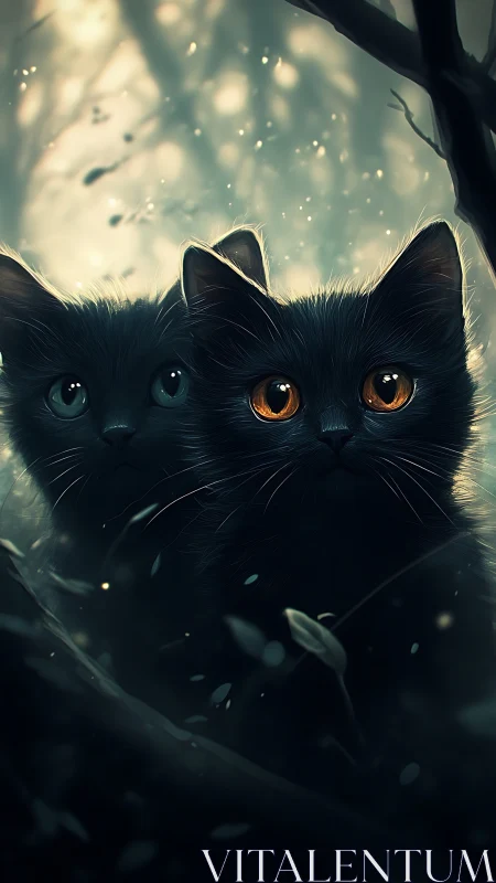 Enchanting Black Cat with Luminous Eyes in Mystical Forest Light