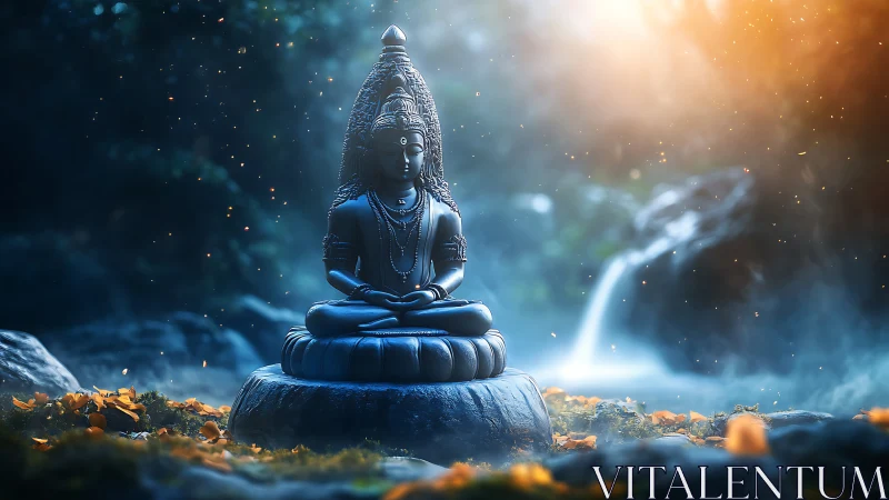 Luminescent stone deity amid volumetric forest mist.