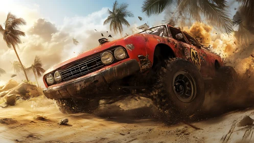 Roaring desert racer powers through sand in a sunny escape