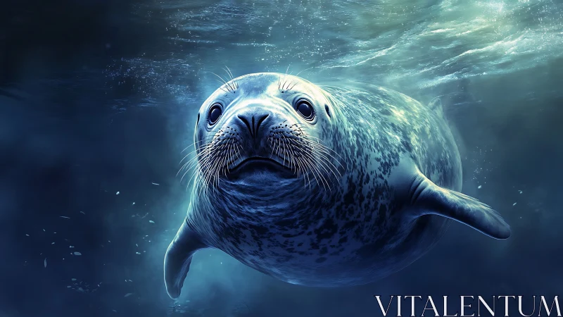 Curious harbor seal glides through moody blue ocean light