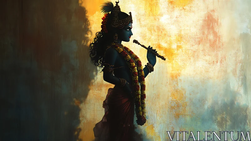 Divine flute player stands in luminous, spiritual glow