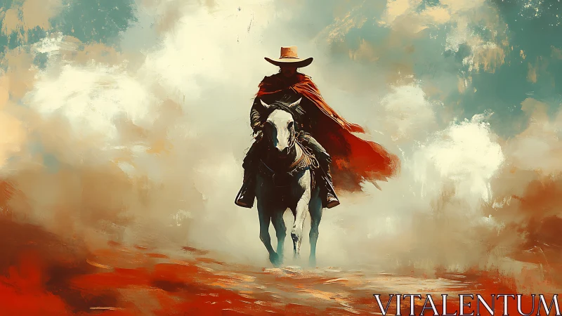 Lone cowboy on horseback crossing a windswept desert.