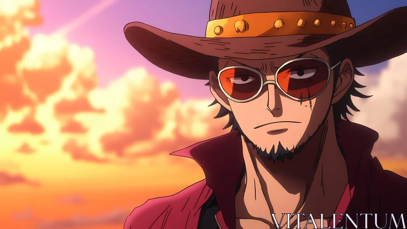 Sunset-lit outlaw in hat and tinted glasses, anime portrait.
