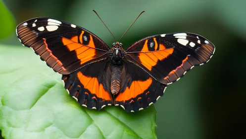 Orange-black butterfly rests on leaf with vivid contrast.