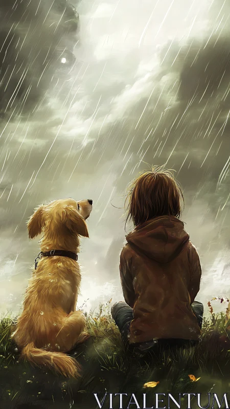 Child and dog sit in rain observing bright storm sky