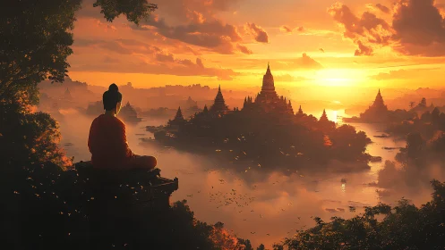 Meditating monk overlooking pagoda valley at luminous sunset