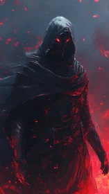 Hooded dark figure with glowing red eyes amid embers.