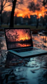 Laptop on wet reflective surface mirroring vivid sunset scene.