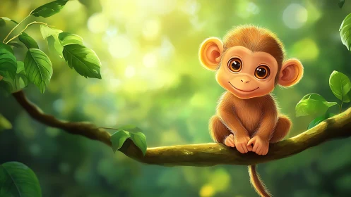 Juvenile monkey on sunlit jungle branch, stylized digital art
