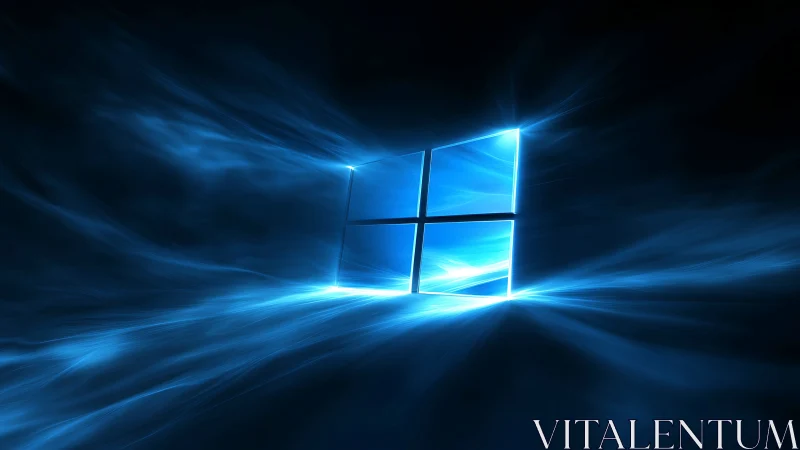 Glowing blue window logo in abstract digital light field.