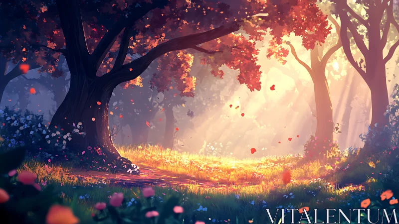 Forest clearing rendered with luminous foliage and atmospheric perspective techniques.