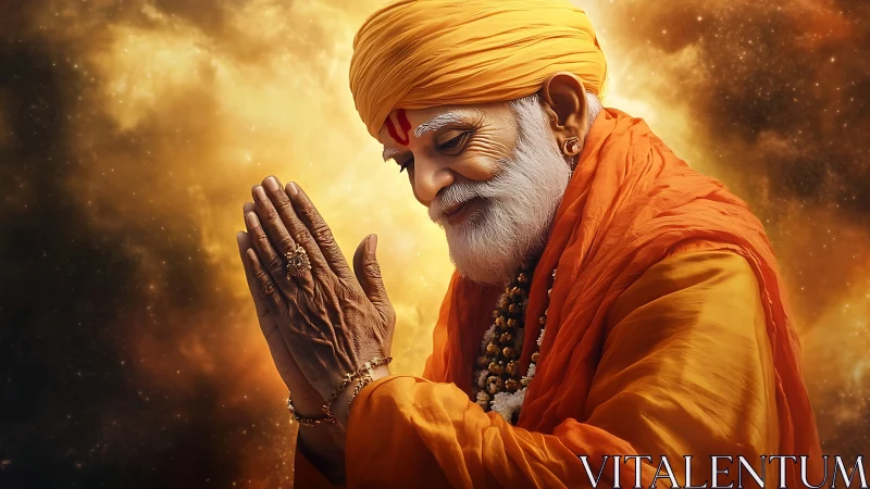 Elderly spiritual man in orange robes praying in light glow.