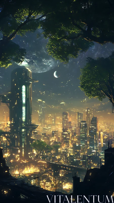 Futuristic cityscape shows dense towers under distant planets