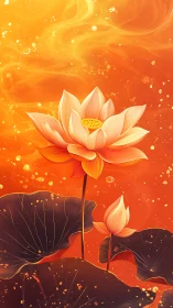 Digital lotus flowers stand against a luminous orange field