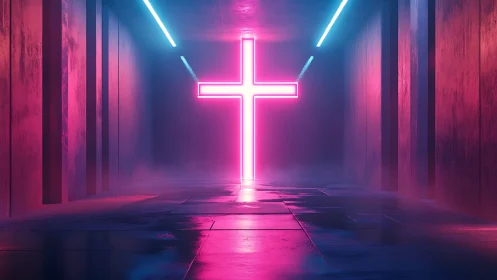 Neon cross glowing in misty corridor with bold pink light.