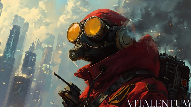 Figure in red hazmat gear against dense futuristic skyline.