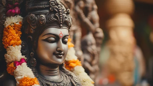 Serene bronze deity statue wrapped in bright marigold garlands.