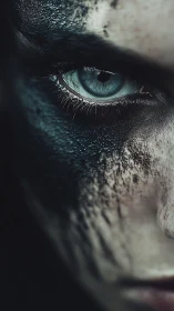 Intense blue eye peers through dark warpaint and shadows.