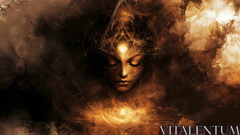 Mystic bronze goddess face within swirling cosmic light.