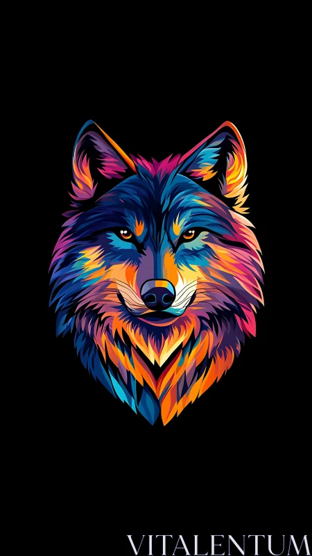 Color-saturated wolf head illustration on black background.