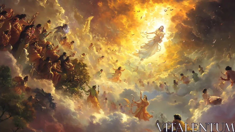 Divine celestial assembly in radiant golden storm clouds