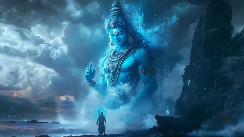 Colossal blue deity manifestation rising from stormy ocean