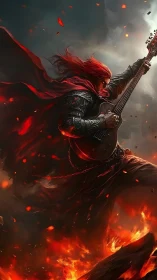 Firelit warrior guitarist unleashes blazing solo inferno