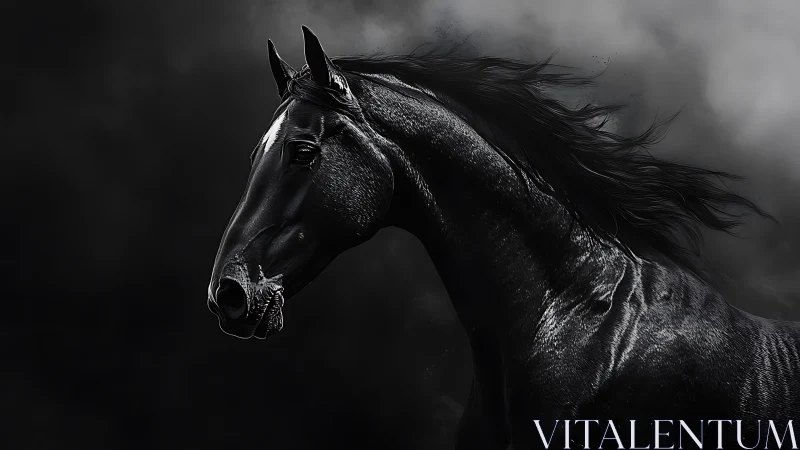 Black horse profile against dark atmospheric background.