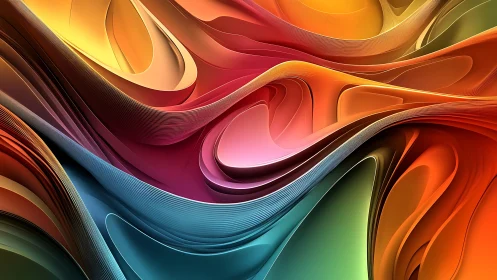 Curved multicolor ribbons form layered flowing abstract landscape