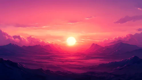 Radiant alien sunset floods a serene violet mountain valley