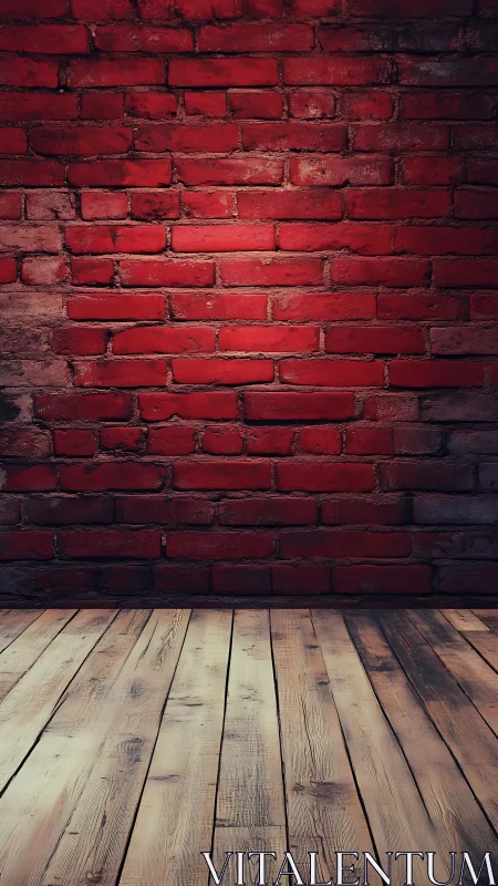 Red brick wall with worn wooden floor background.