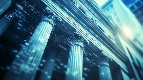Neoclassical bank facade merges with glowing digital overlays.