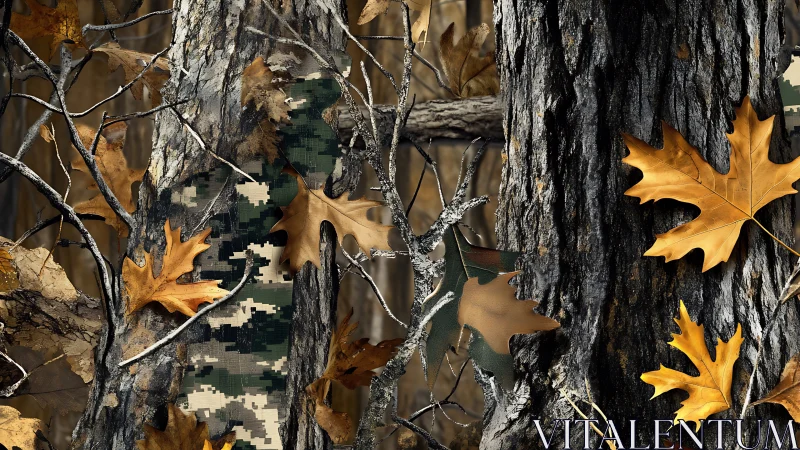 Fallen oak leaves on weathered tree bark with digital artifact overlay