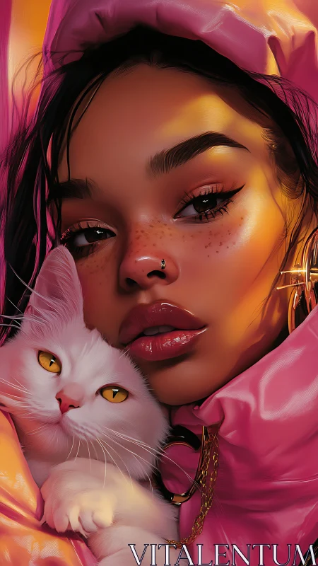 Soft neon portrait unites girl and white cat in warm glow