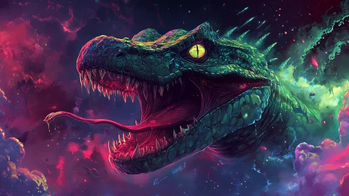 Neon cosmic serpent lunging with open maw in space
